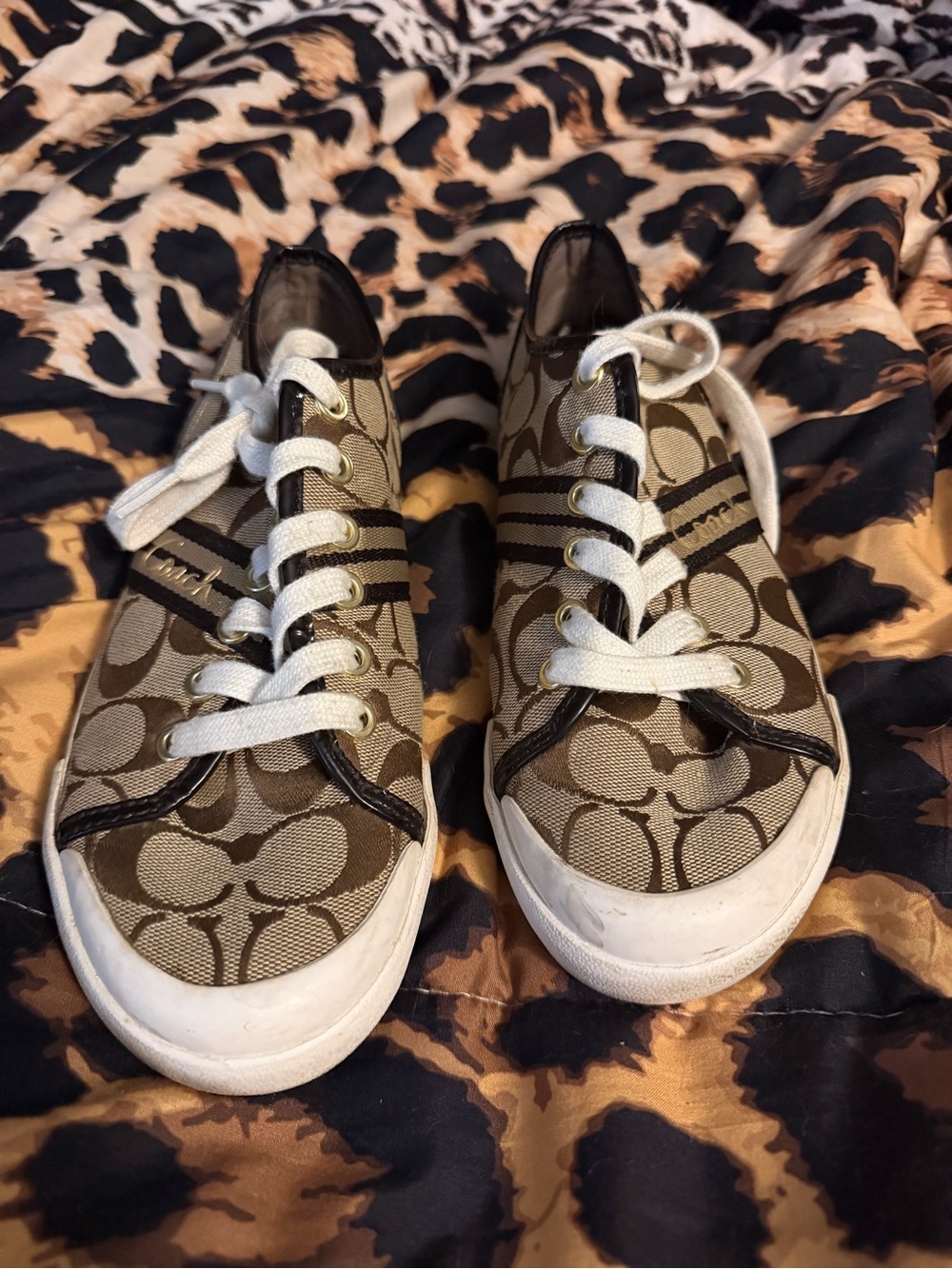 Coach Khaki Canvas Logo Low-Top Sneakers with White Laces